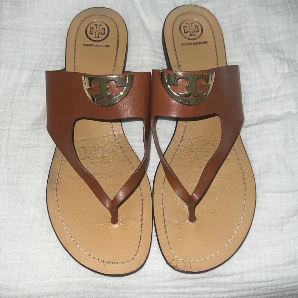 Tory Burch Brown Leather Logo Thong Sandals with Gold Accent
